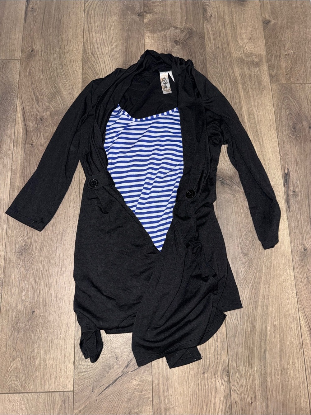L8teR Black Draped Cardigan with Blue & White Striped Tank Top